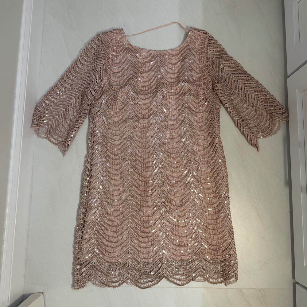 GIANNI BINl Rose Gold Sequin Wavy Lace Shift Dress‎ Size L Cocktail Party - Picture 2 of 12